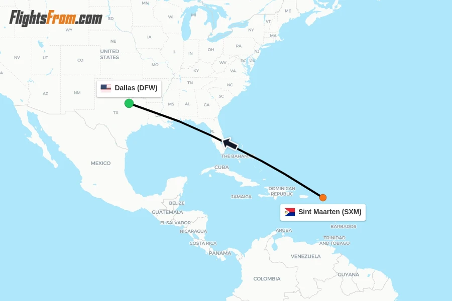 Flights from Sint Maarten to Dallas route map