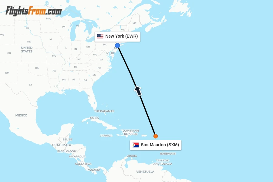 Flights from Sint Maarten to New York route map