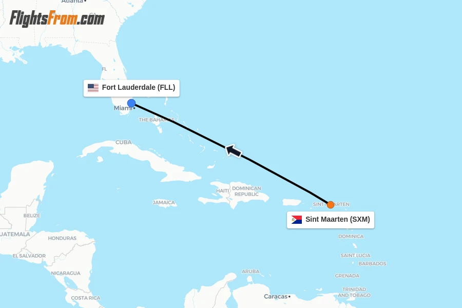 Flights from Sint Maarten to Fort Lauderdale route map