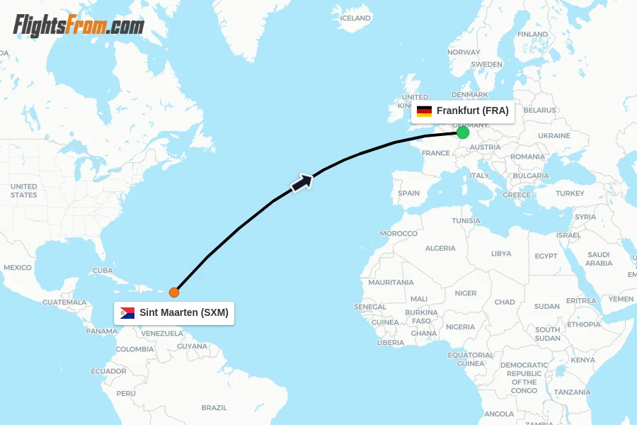 Flights from Sint Maarten to Frankfurt route map