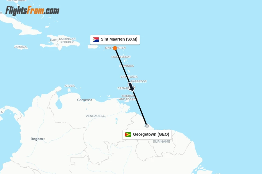 Flights from Sint Maarten to Georgetown route map