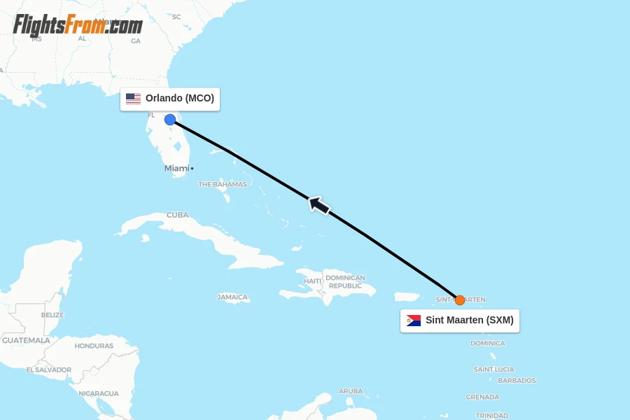 Flights from Sint Maarten to Orlando route map