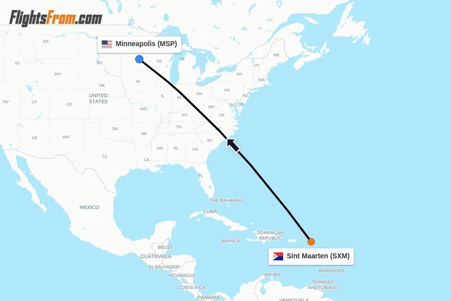 Flights from Sint Maarten to Minneapolis route map