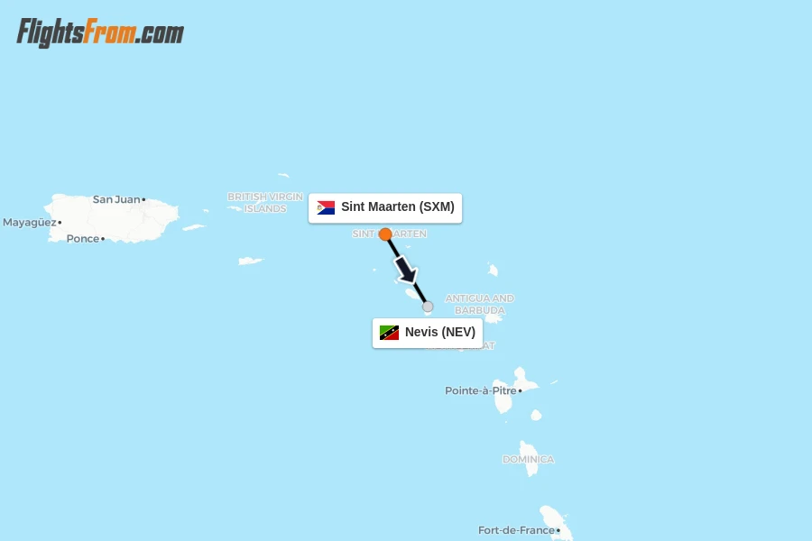 Flights from Sint Maarten to Nevis route map