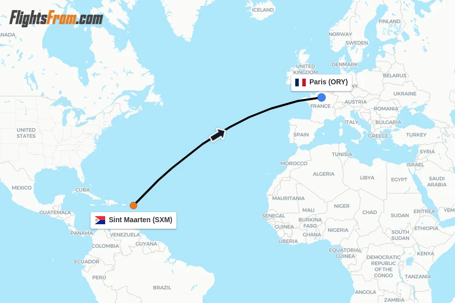 Flights from Sint Maarten to Paris route map