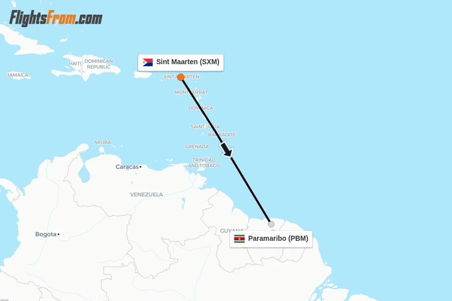 Flights from Sint Maarten to Paramaribo route map