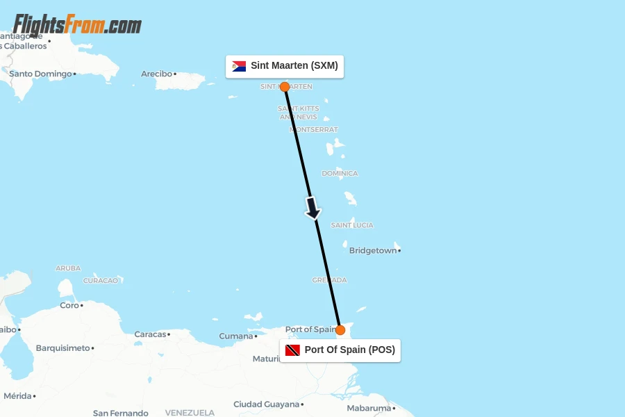 Flights from Sint Maarten to Port Of Spain route map