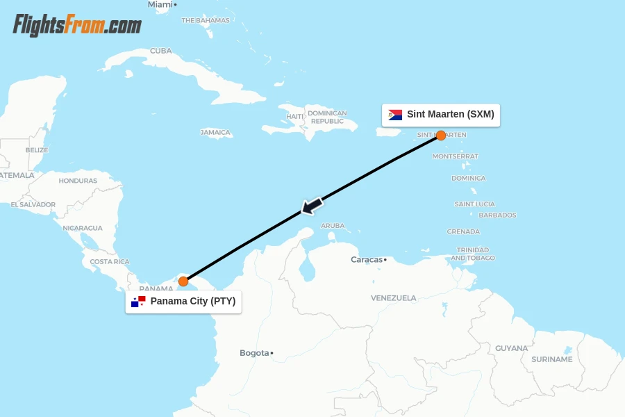 Flights from Sint Maarten to Panama City route map