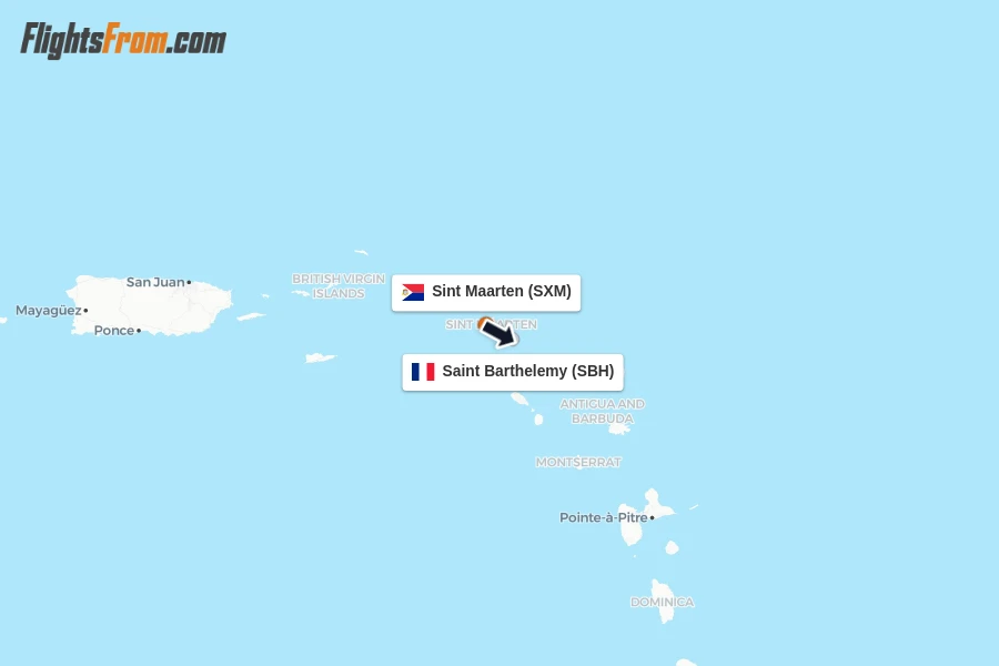 Flights from Sint Maarten to Saint Barthelemy route map
