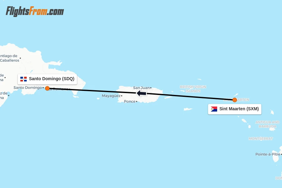 Flights from Sint Maarten to Santo Domingo route map