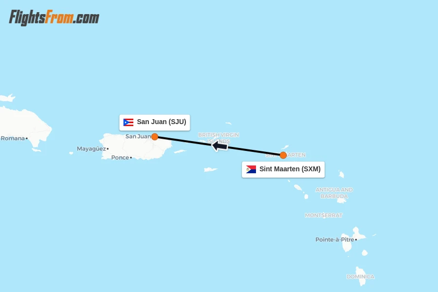Flights from Sint Maarten to San Juan route map