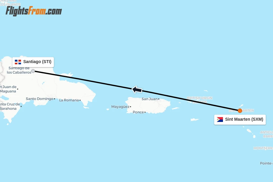 Flights from Sint Maarten to Santiago route map