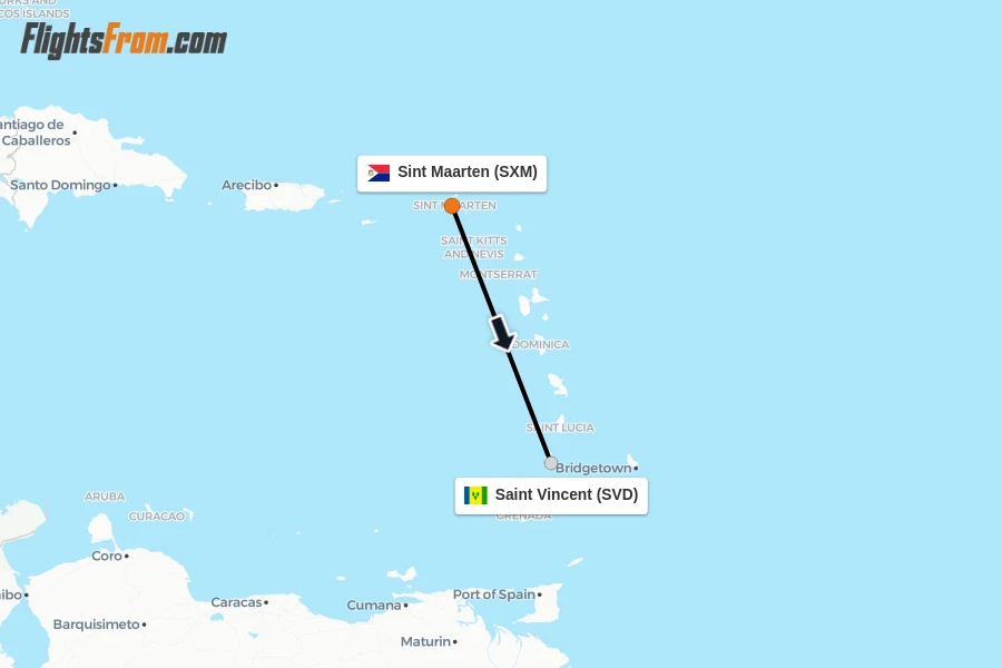 Flights from Sint Maarten to Saint Vincent route map