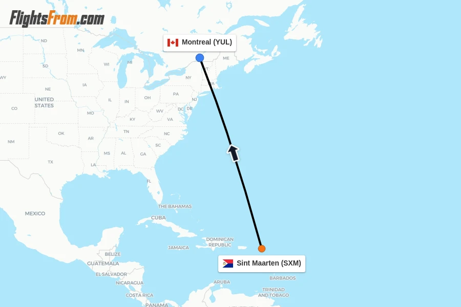 Flights from Sint Maarten to Montreal route map