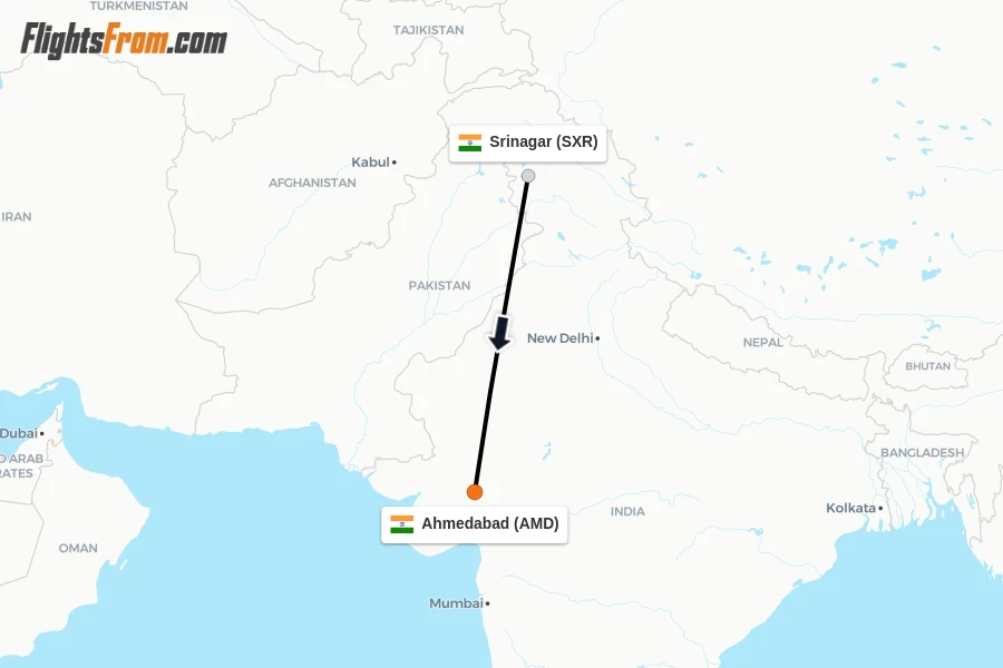 Flights from Srinagar to Ahmedabad route map