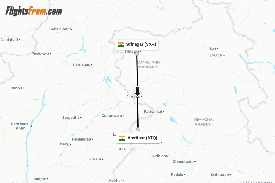 Flights from Srinagar to Amritsar route map