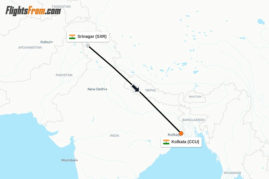 Flights from Srinagar to Kolkata route map