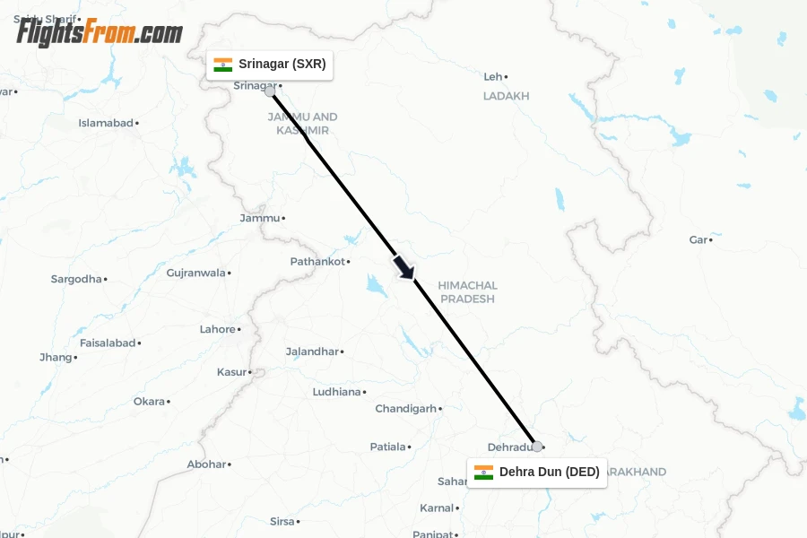 Flights from Srinagar to Dehra Dun route map