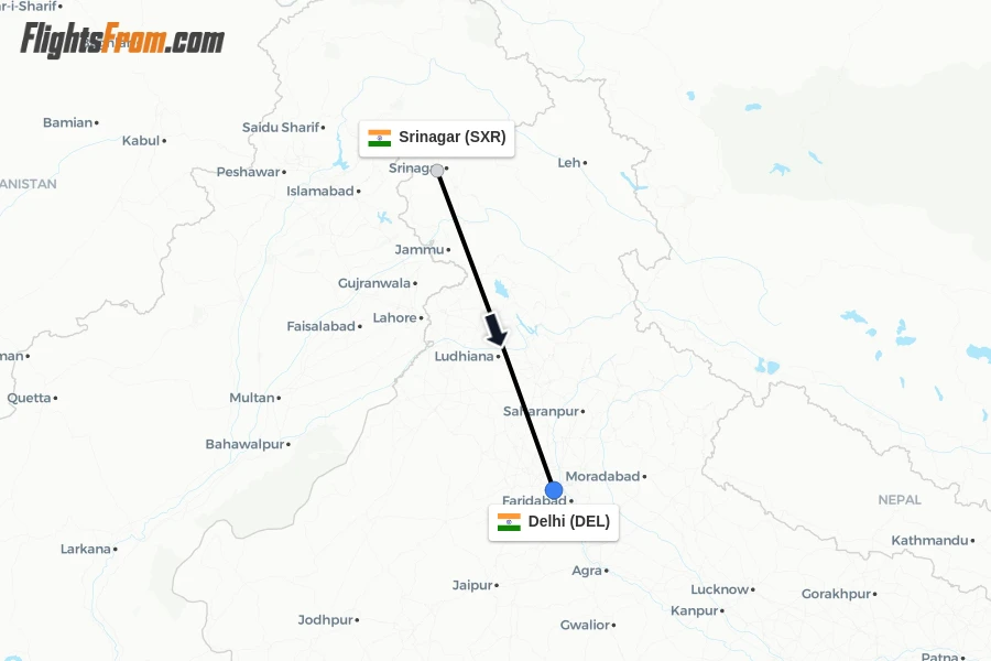 Flights from Srinagar to Delhi route map