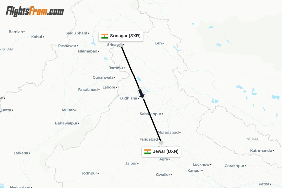 Flights from Srinagar to Jewar route map