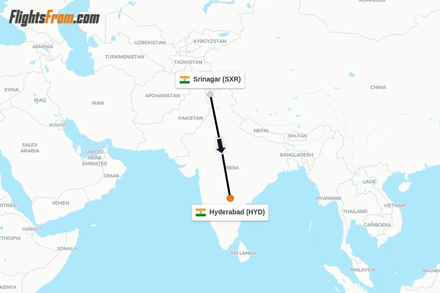 Flights from Srinagar to Hyderabad route map