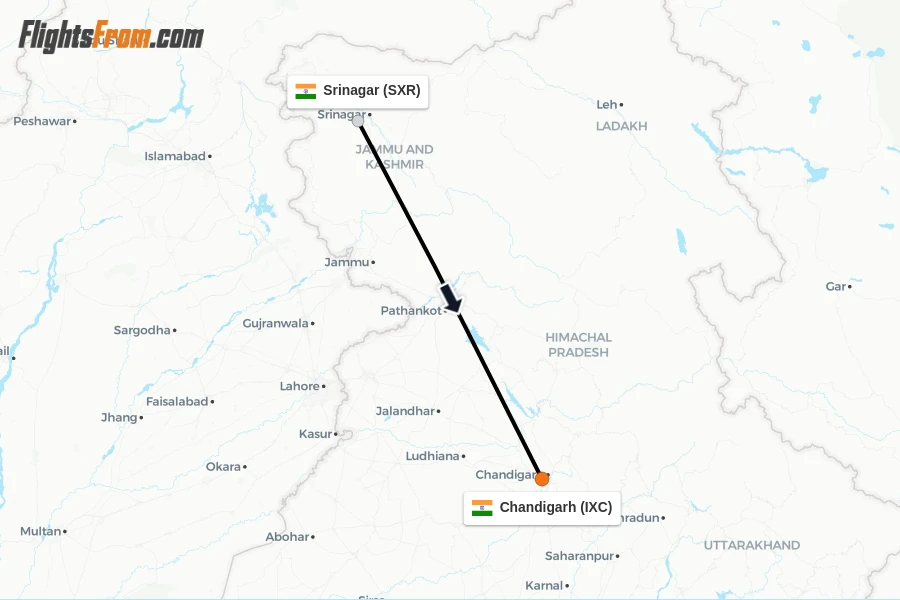 Flights from Srinagar to Chandigarh route map