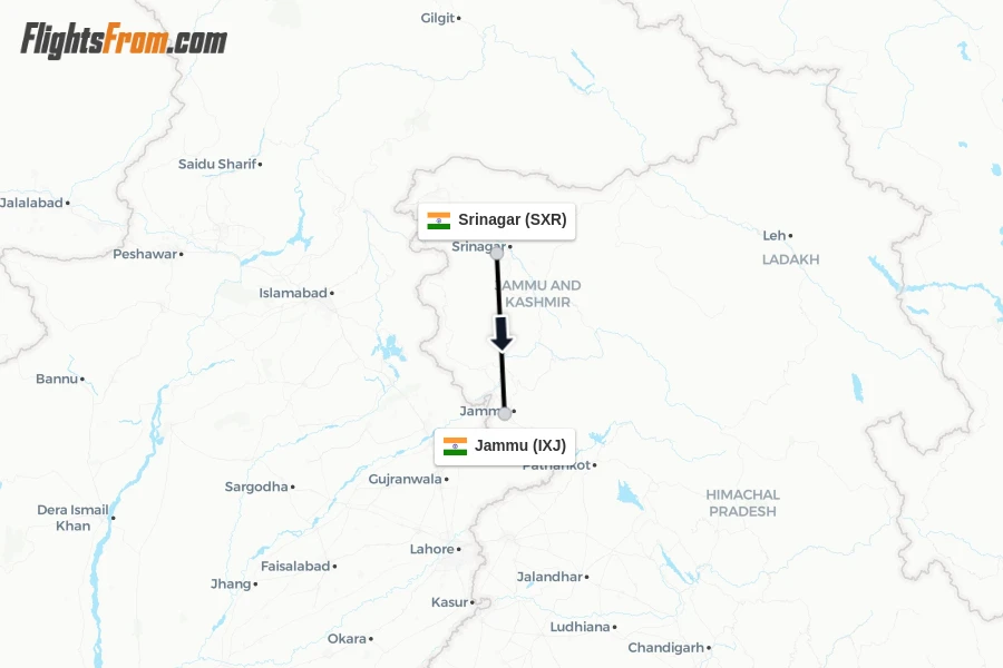 Flights from Srinagar to Jammu route map