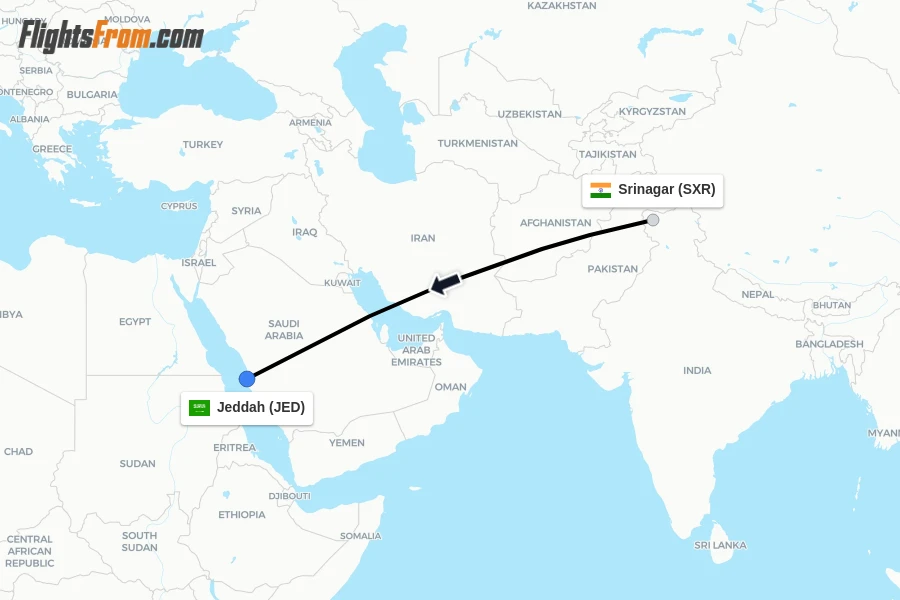 Flights from Srinagar to Jeddah route map