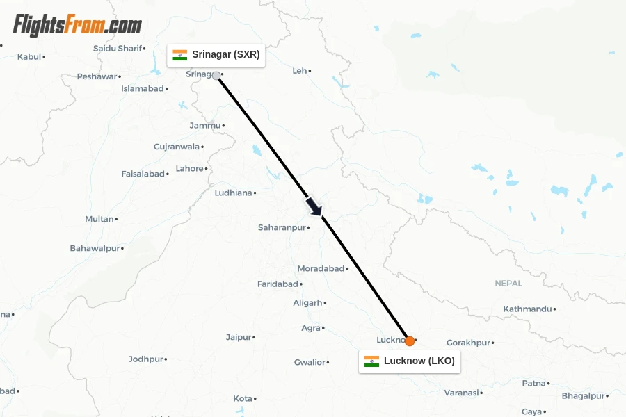 Flights from Srinagar to Lucknow route map