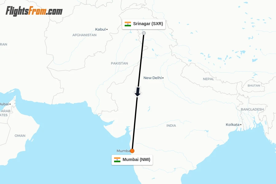 Flights from Srinagar to Mumbai route map