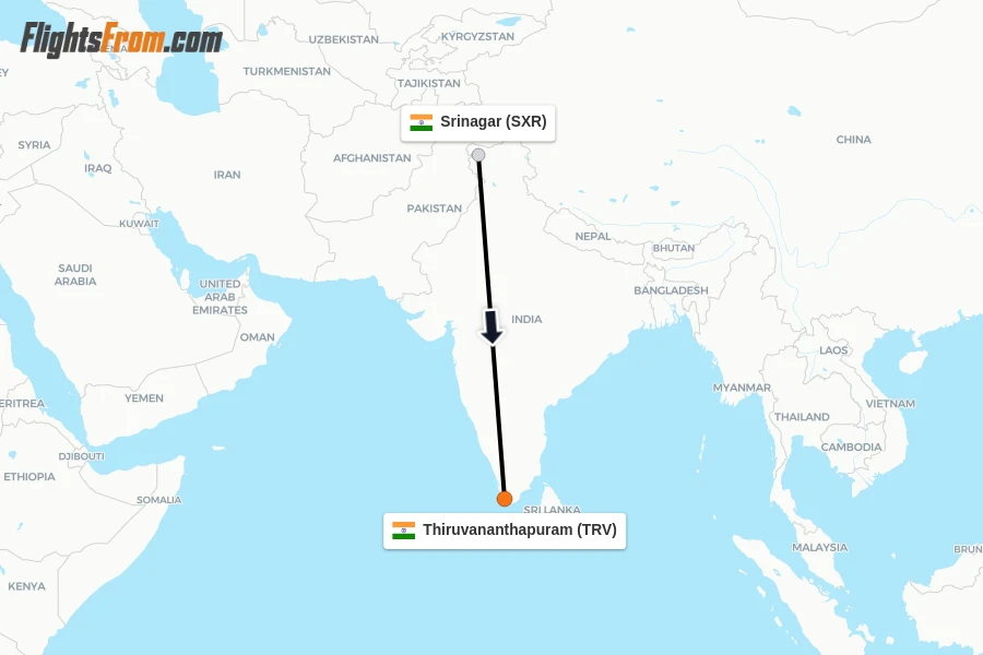 Flights from Srinagar to Thiruvananthapuram route map