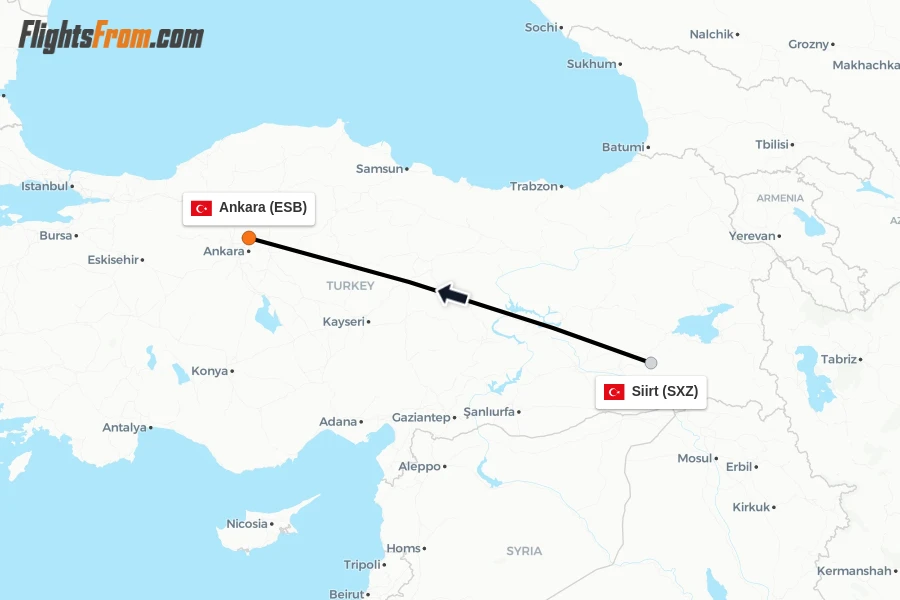 Flights from Siirt to Ankara route map