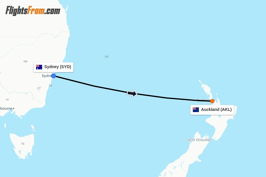 Flights from Sydney to Auckland route map