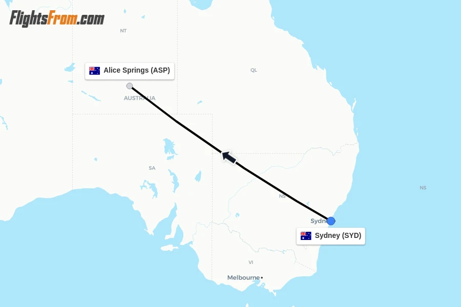 Flights from Sydney to Alice Springs route map