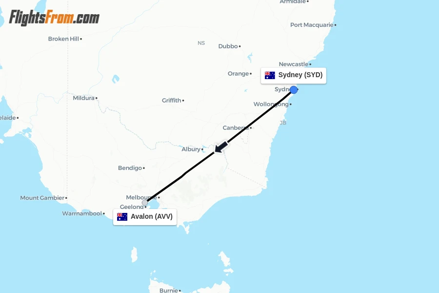 Flights from Sydney to Avalon route map