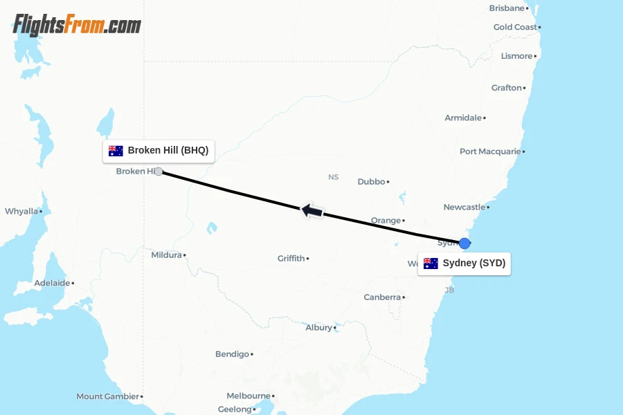 Flights from Sydney to Broken Hill route map