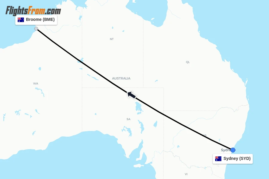 Flights from Sydney to Broome route map