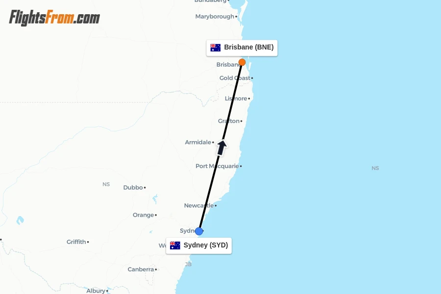 Flights from Sydney to Brisbane route map