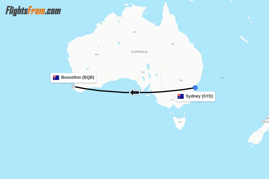 Flights from Sydney to Busselton route map