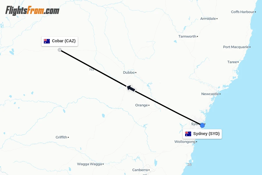 Flights from Sydney to Cobar route map