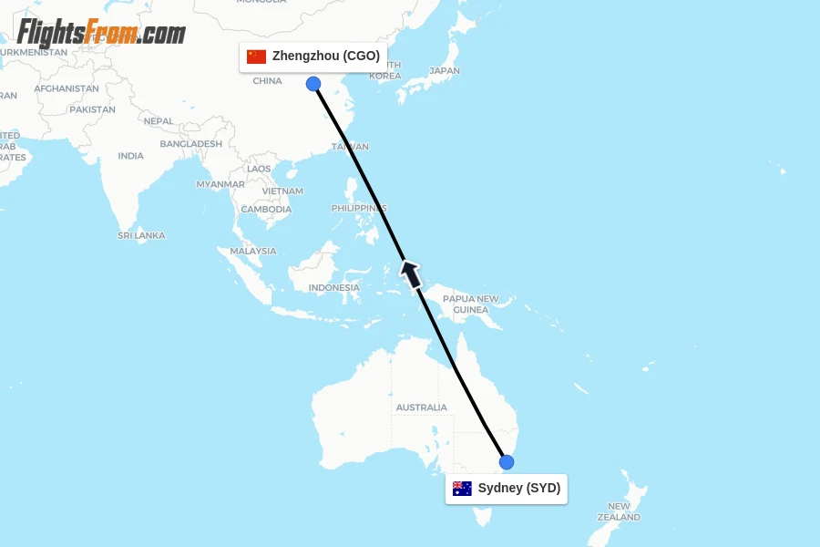 Flights from Sydney to Zhengzhou route map