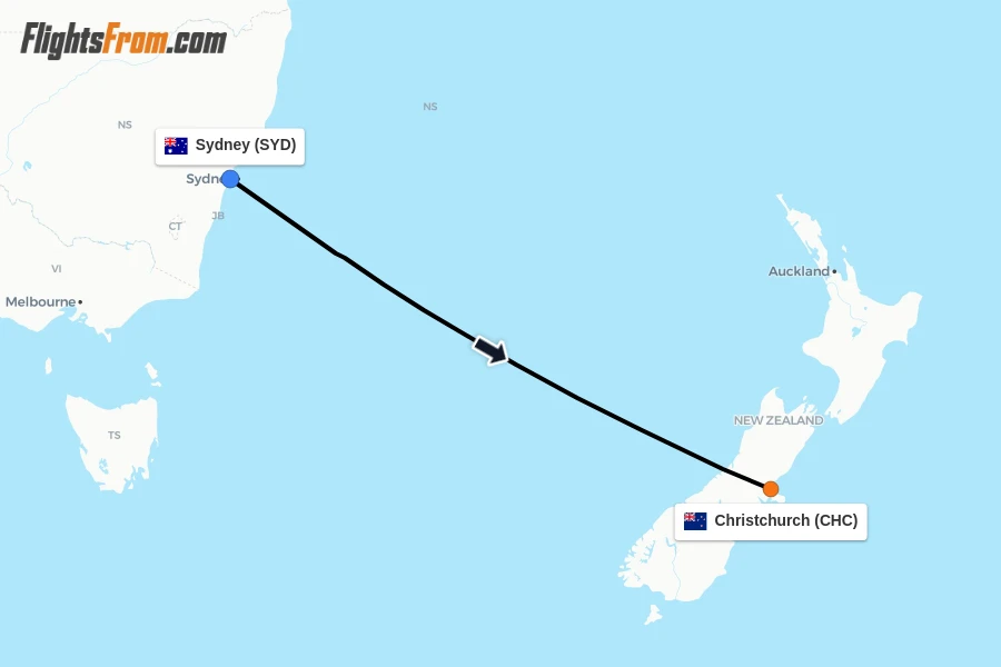 Flights from Sydney to Christchurch route map