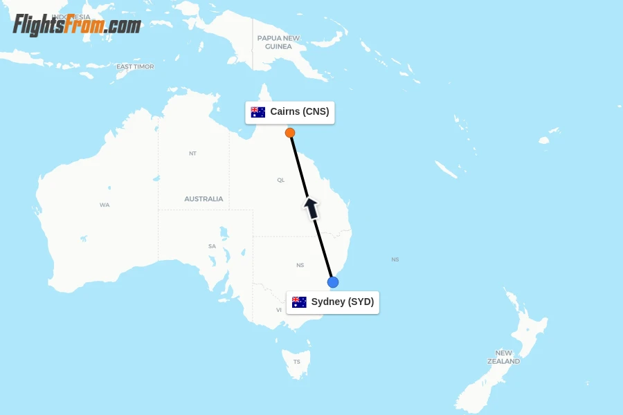 Flights from Sydney to Cairns route map