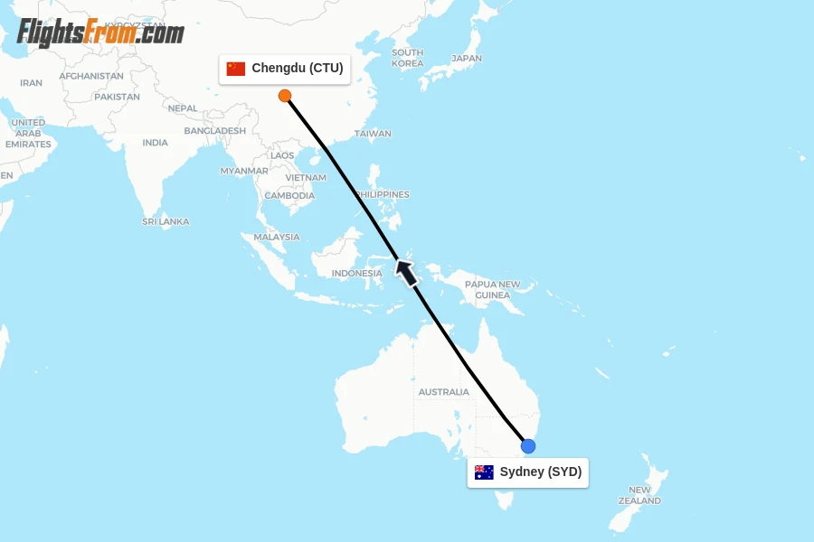 Flights from Sydney to Chengdu route map