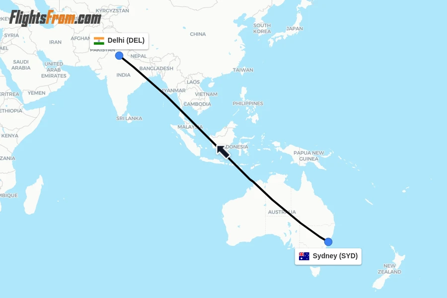 Flights from Sydney to Delhi route map