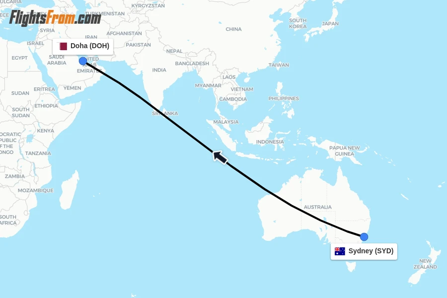 Flights from Sydney to Doha route map
