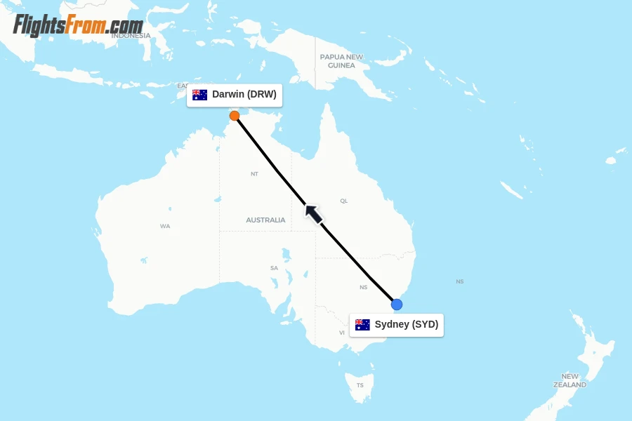 Flights from Sydney to Darwin route map