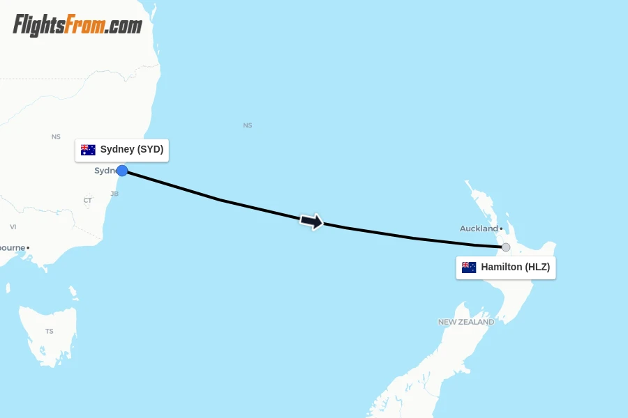 Flights from Sydney to Hamilton route map
