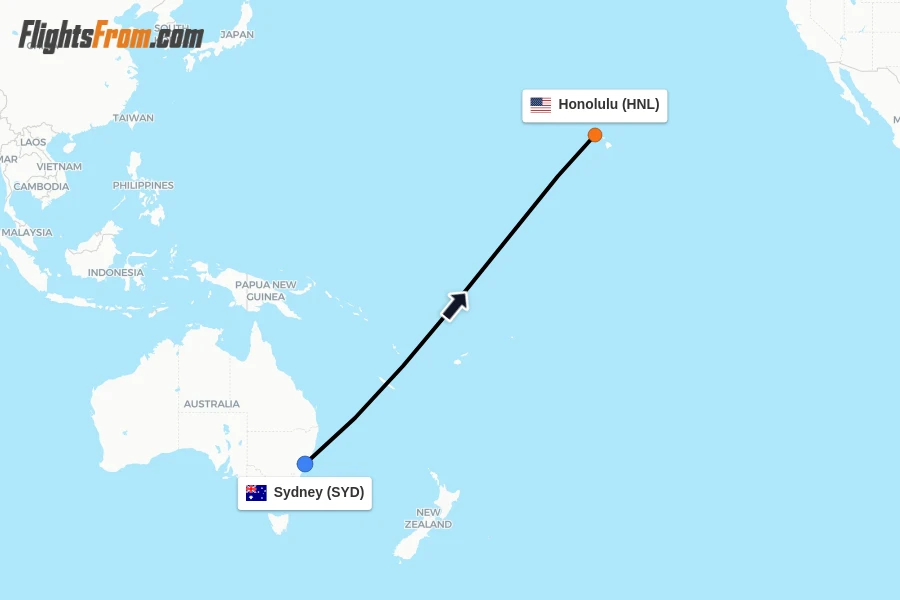 Flights from Sydney to Honolulu route map