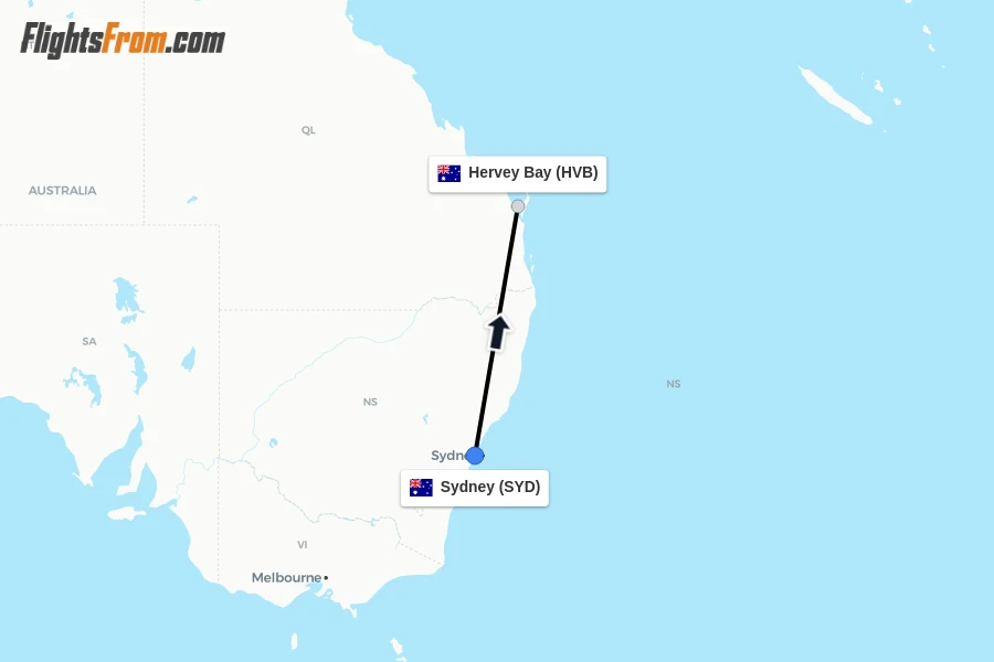 Flights from Sydney to Hervey Bay route map